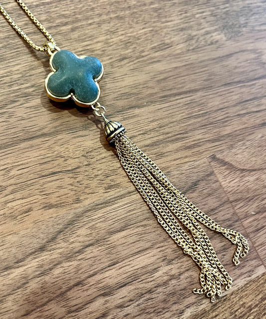 Natural Stone Clover Tassel Pendant Necklace Sassafras Clothing Co.