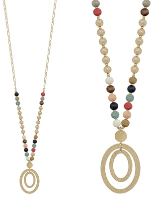 Double Oval Wood & Gold Bead Pendant Necklace WHAT'S HOT