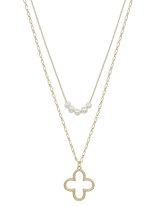 Layered Open Clover with Pearl Necklace WHAT'S HOT