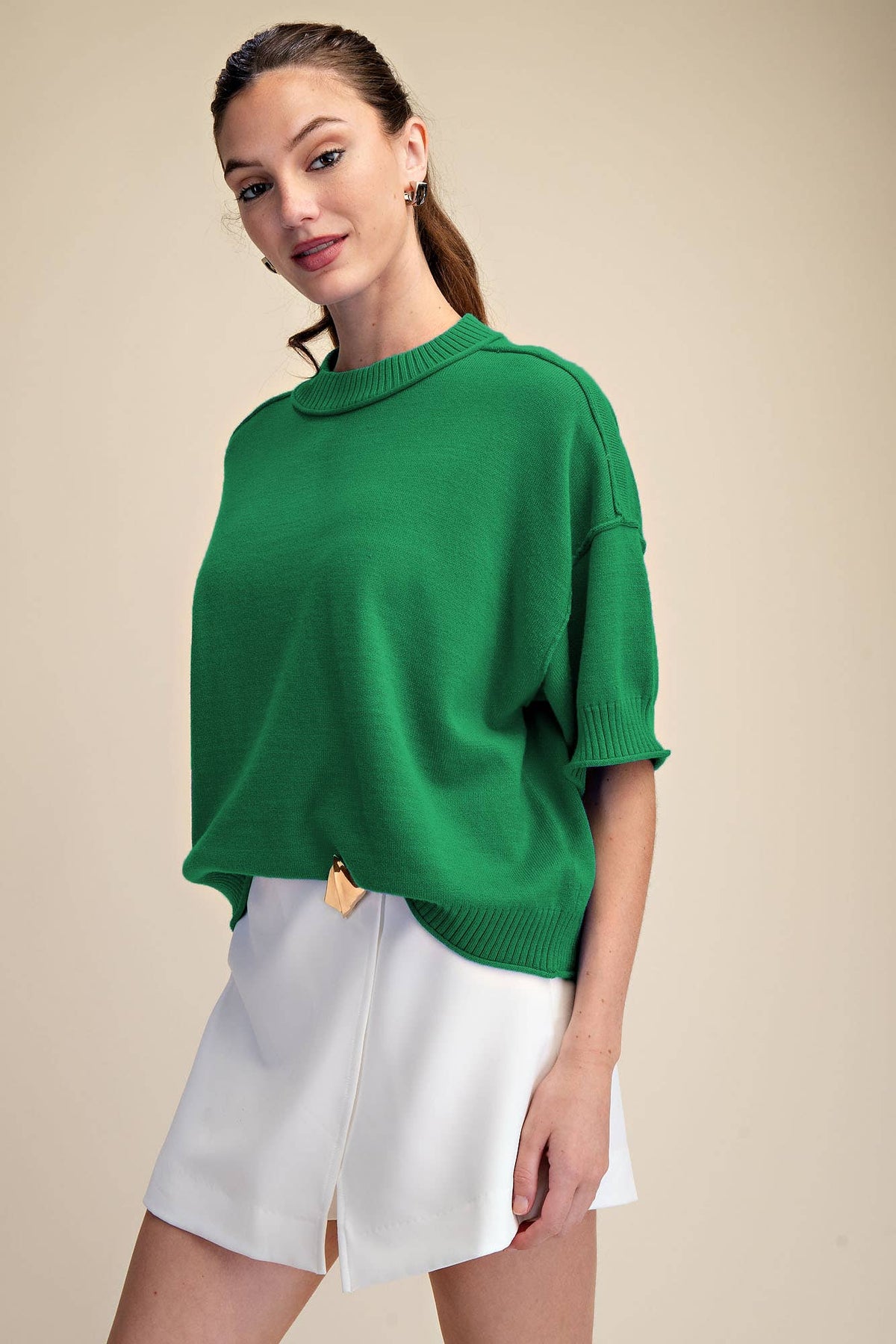 Relaxed Sweater Crew-Neck Elbow-Length Sleeves