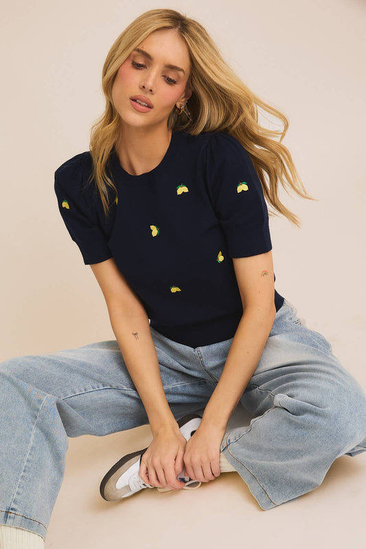 Round Neck Puff Sleeve Embroidered Knit Top
