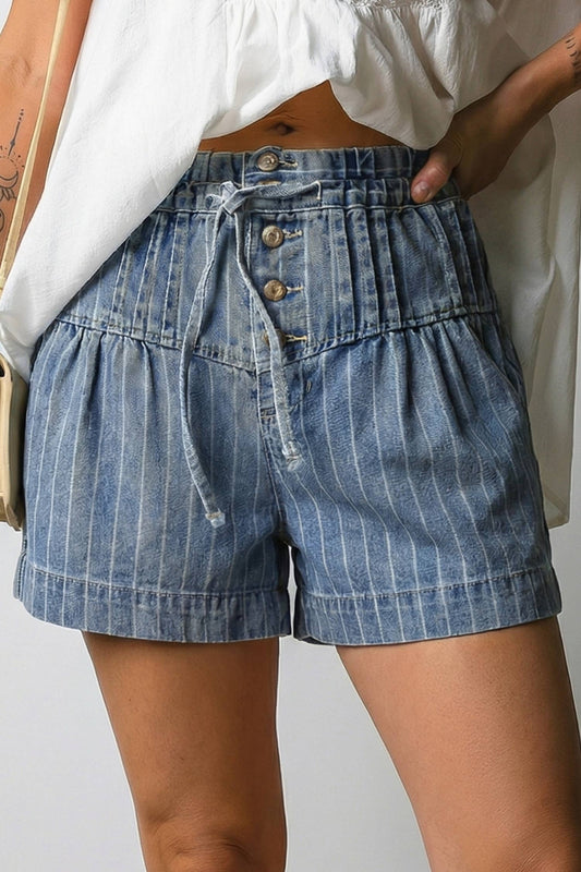 Stripe Drawstring Pleat High Waist Denim Shorts | 4-16