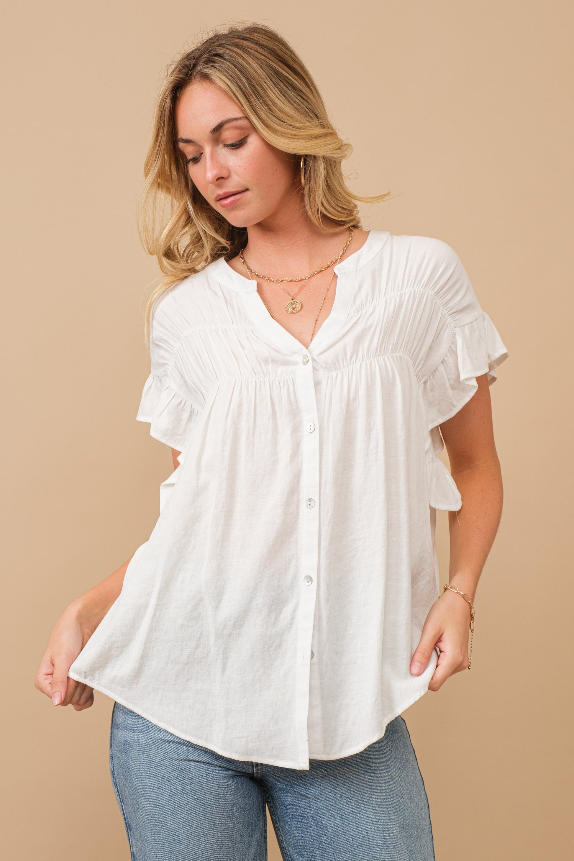 Woven Button Down Ruffle Sleeve Top Cozy Co.
