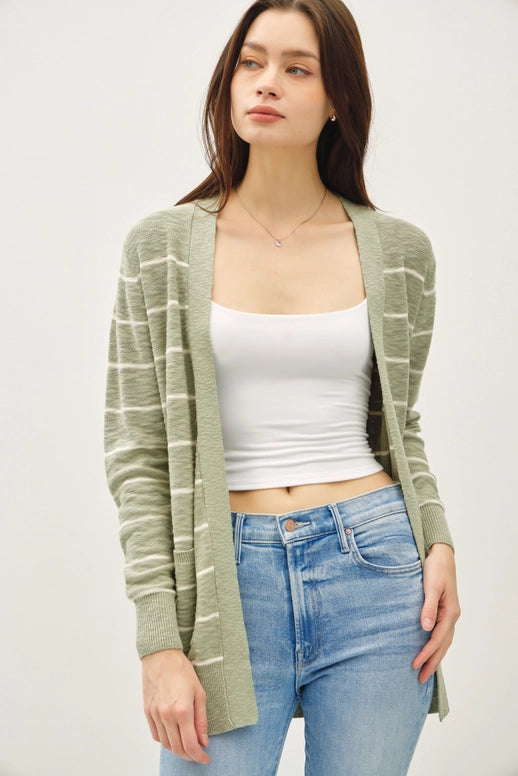 Stripped Classic Cotton Slub Cardigan with Pockets
