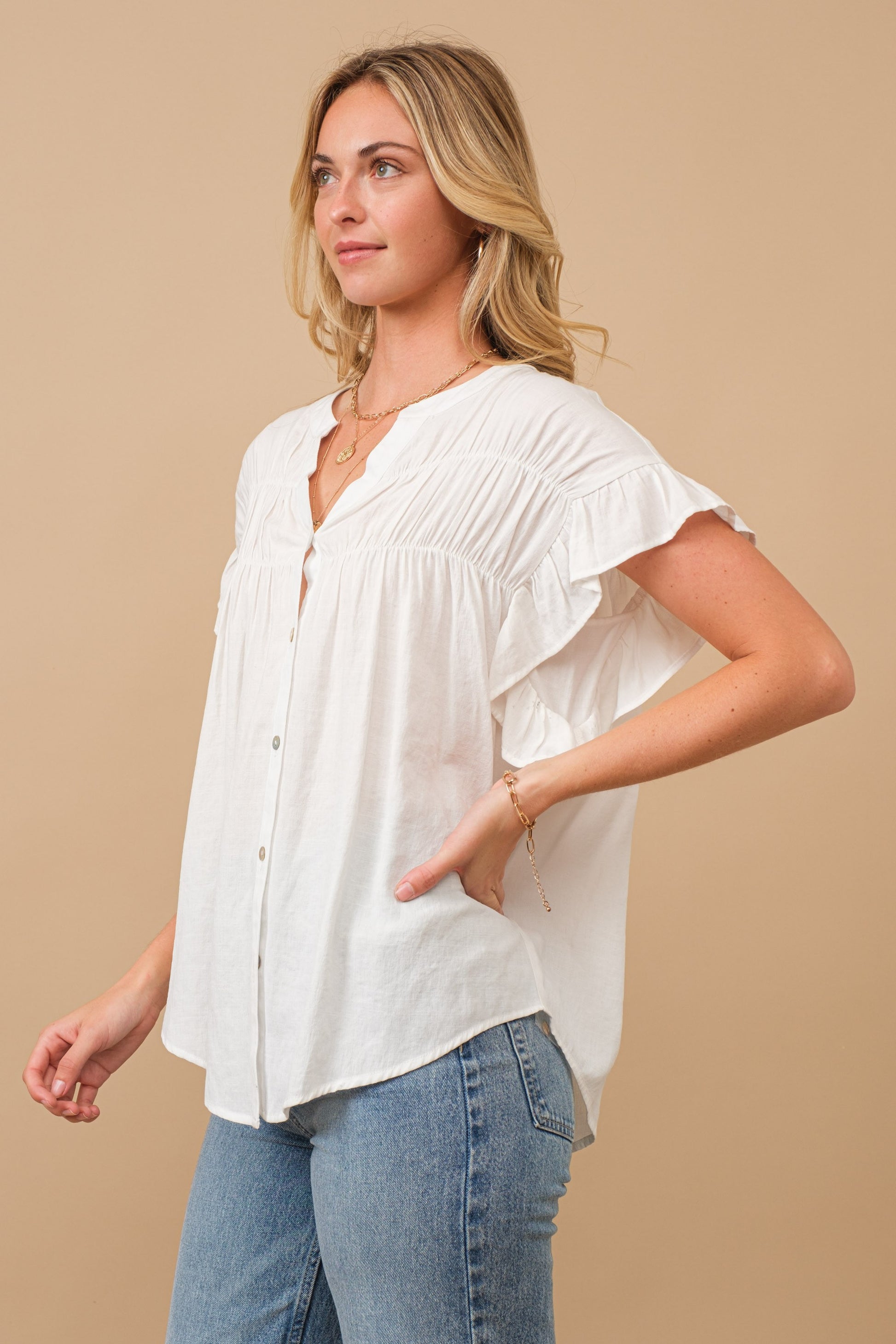 Woven Button Down Ruffle Sleeve Top Cozy Co.