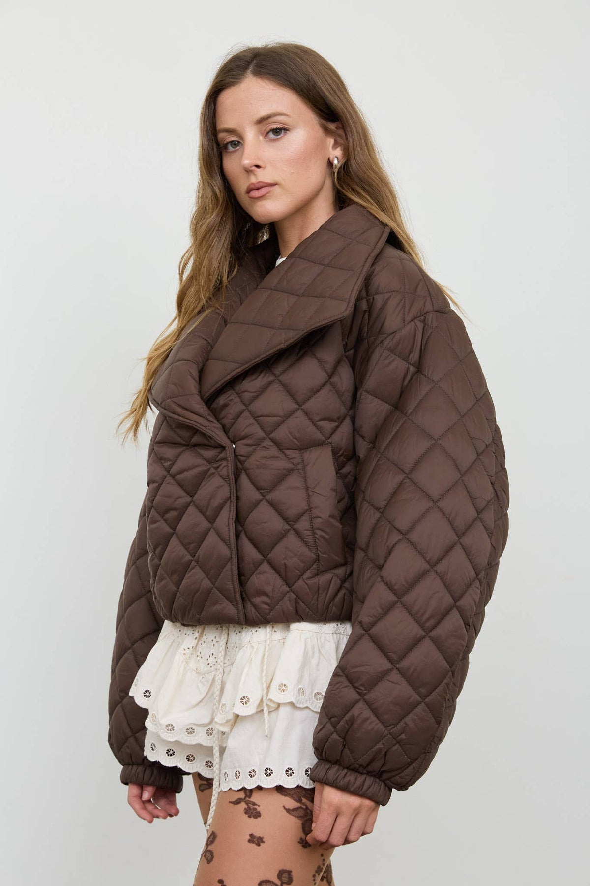 QUILTED SHAWL COLLAR CROPPED JACKET