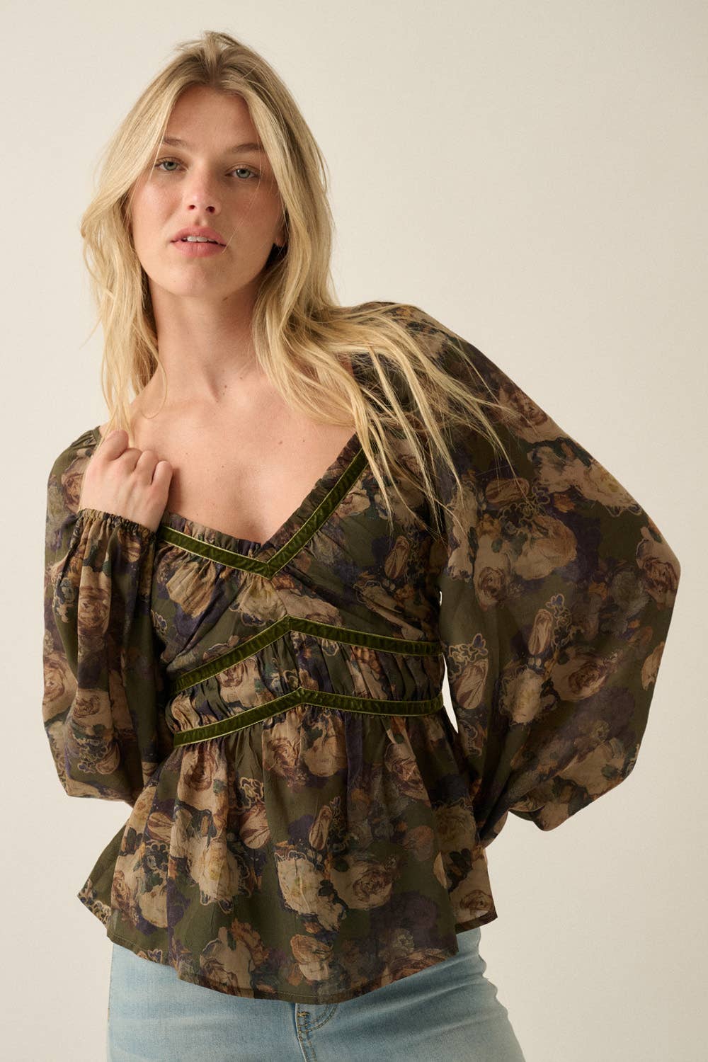 Floral-Print Velvet-Trim Babydoll Peasant Top