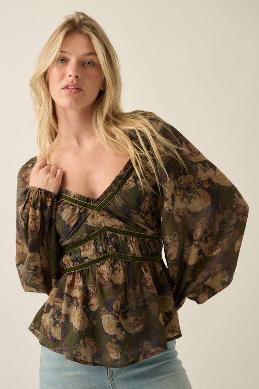 Floral-Print Velvet-Trim Babydoll Peasant Top
