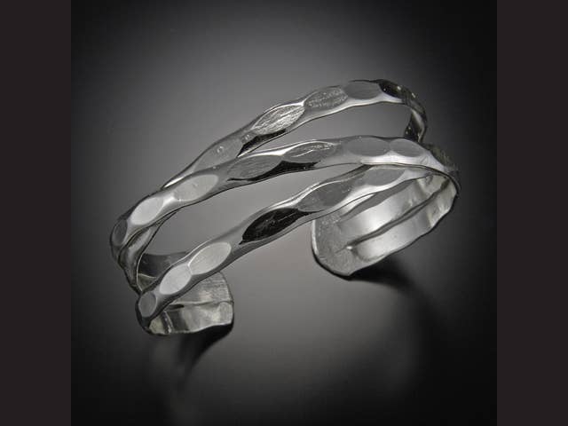 Silver Plated Adjustable Cuff Bracelet - Stacked Thin Bands