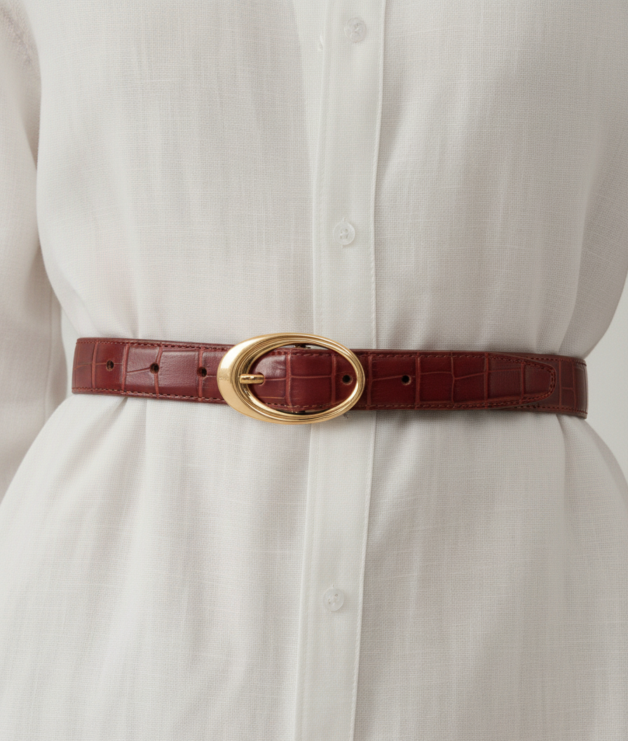 Croco Clean Stitched Belt with Oval Buckle