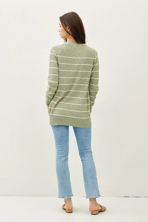 Stripped Classic Cotton Slub Cardigan with Pockets