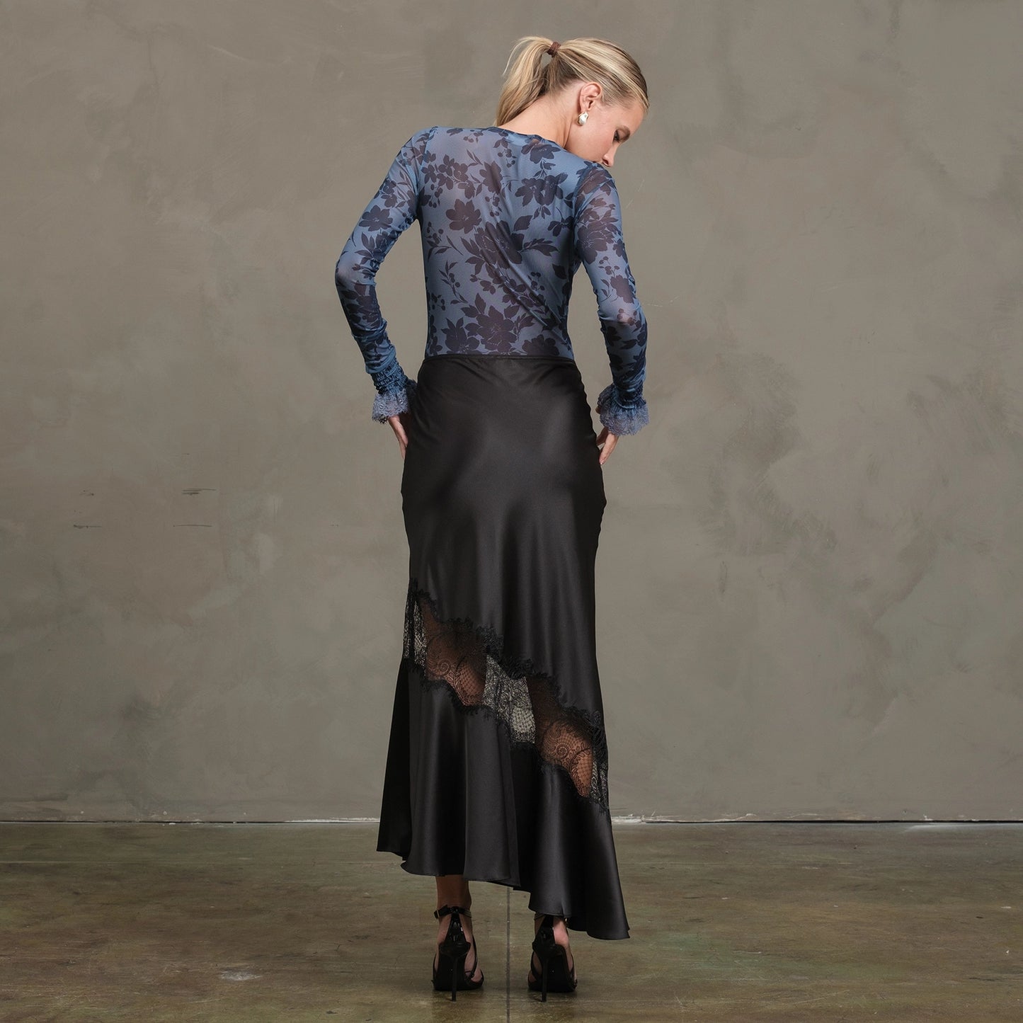 Satin Bias Lace Panel Skirt