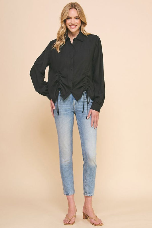 Woven Button-Up Shirt with Princess Seam Scrunch-Tie Detail Allie Rose
