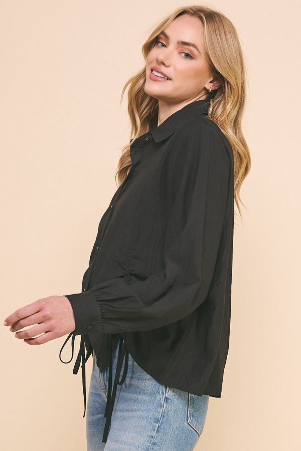 Woven Button-Up Shirt with Princess Seam Scrunch-Tie Detail Allie Rose