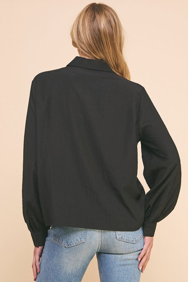 Woven Button-Up Shirt with Princess Seam Scrunch-Tie Detail Allie Rose