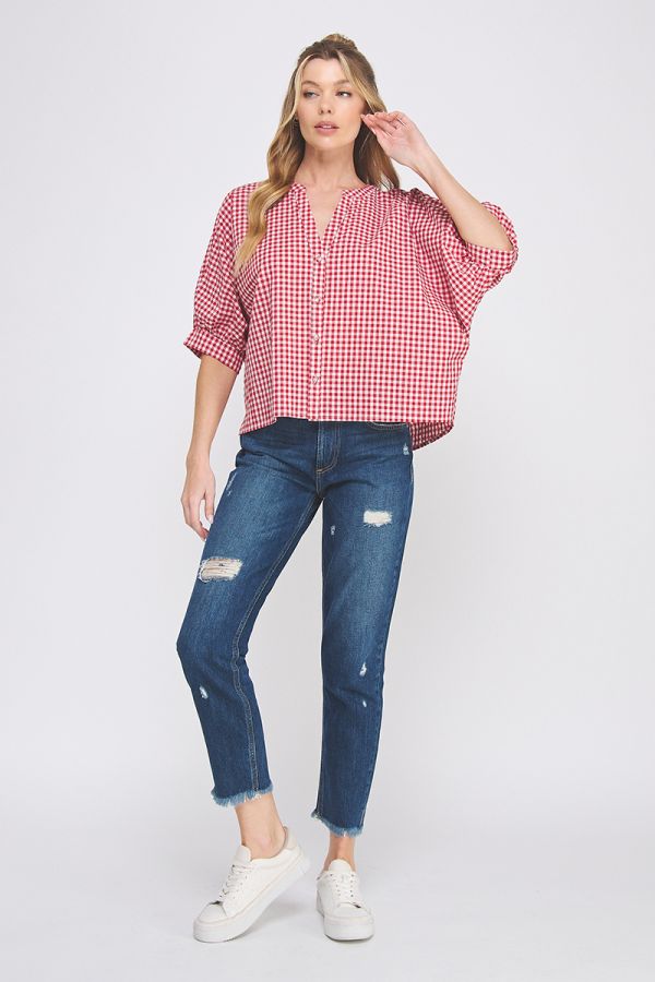 Gingham Dolman Sleeve Blouse
