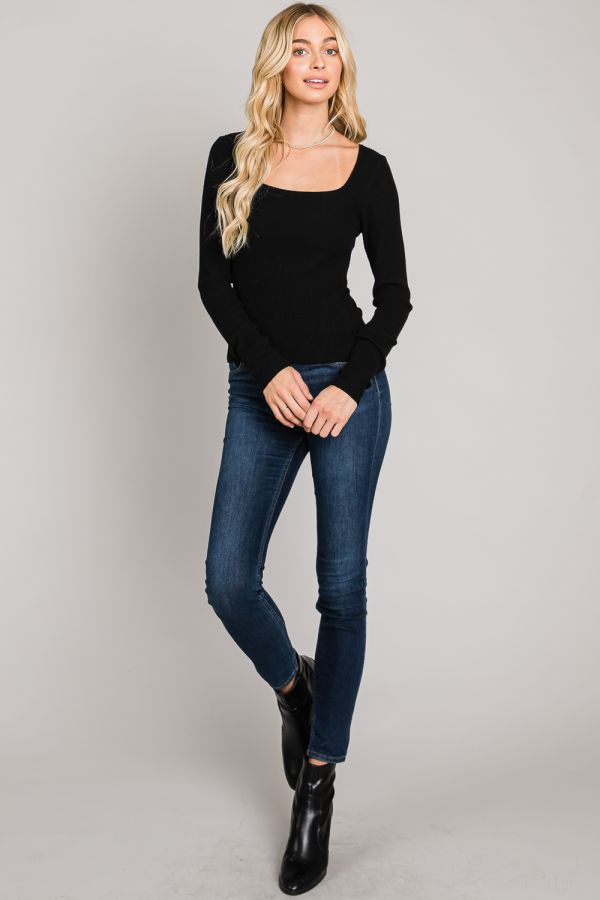Fitted Long Sleeve Square Neck Fine Gauge Rib Pullover Allie Rose