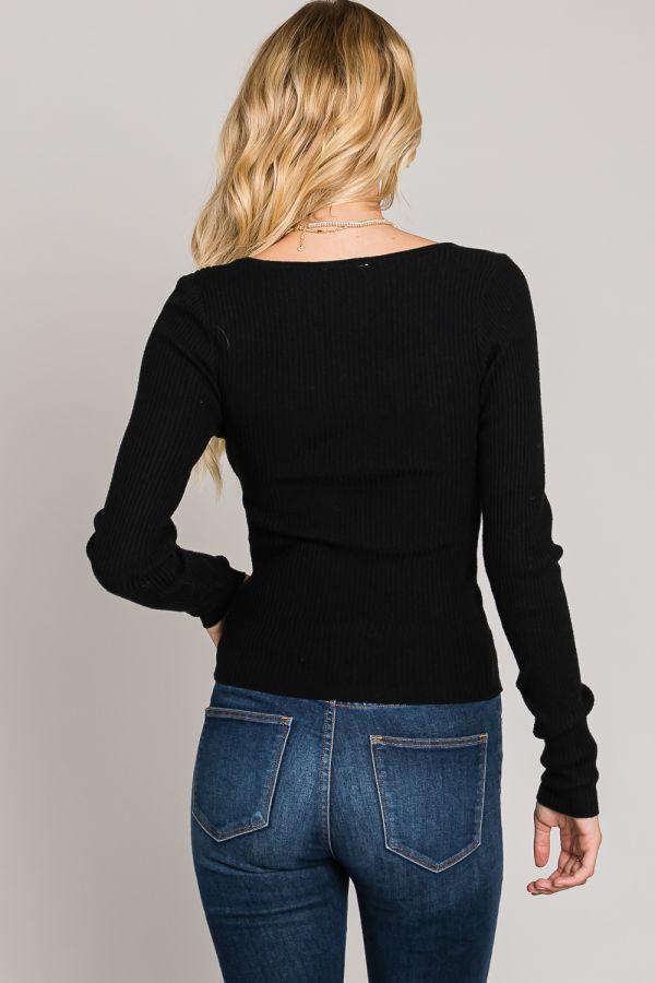 Fitted Long Sleeve Square Neck Fine Gauge Rib Pullover Allie Rose