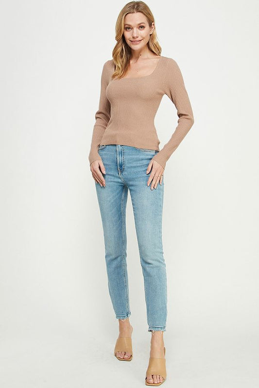 Fitted Long Sleeve Square Neck Fine Gauge Rib Pullover Allie Rose
