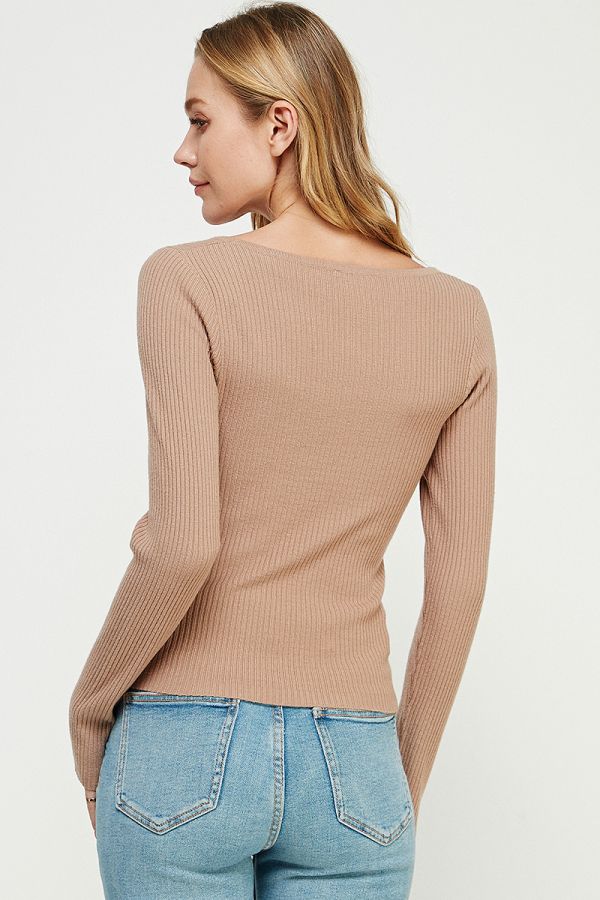 Fitted Long Sleeve Square Neck Fine Gauge Rib Pullover Allie Rose