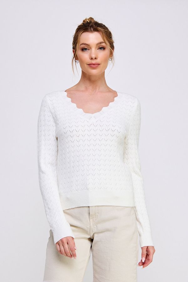 Pointelle Scallop Neck Pullover