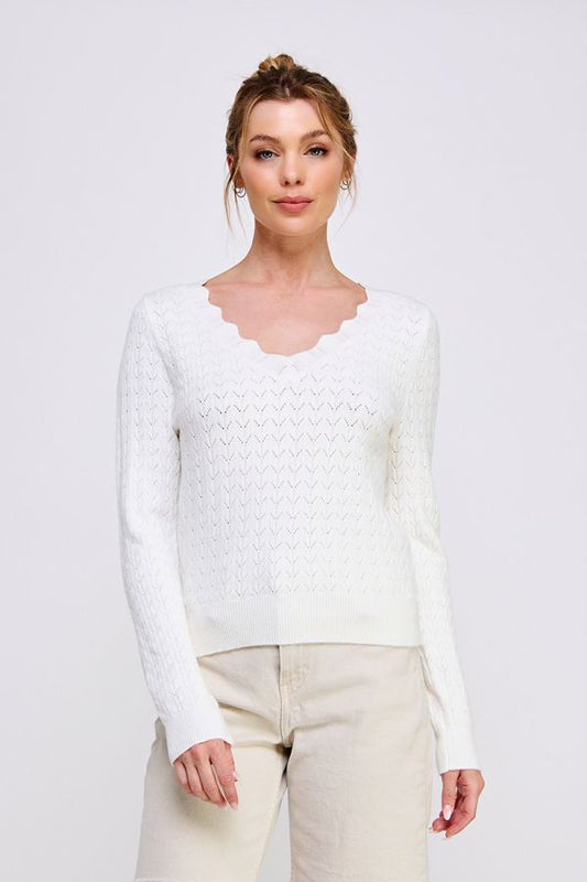 Pointelle Scallop Neck Pullover