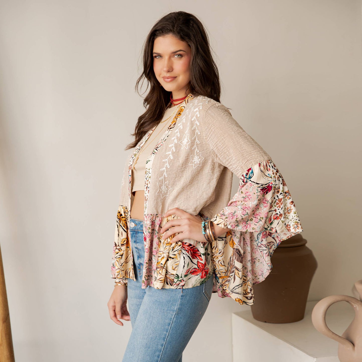 Boho Floral Embroidered Open Front Lace Trim Cardigan