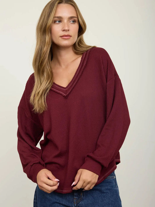 Raw Edge V-Neck Long Sleeve Top