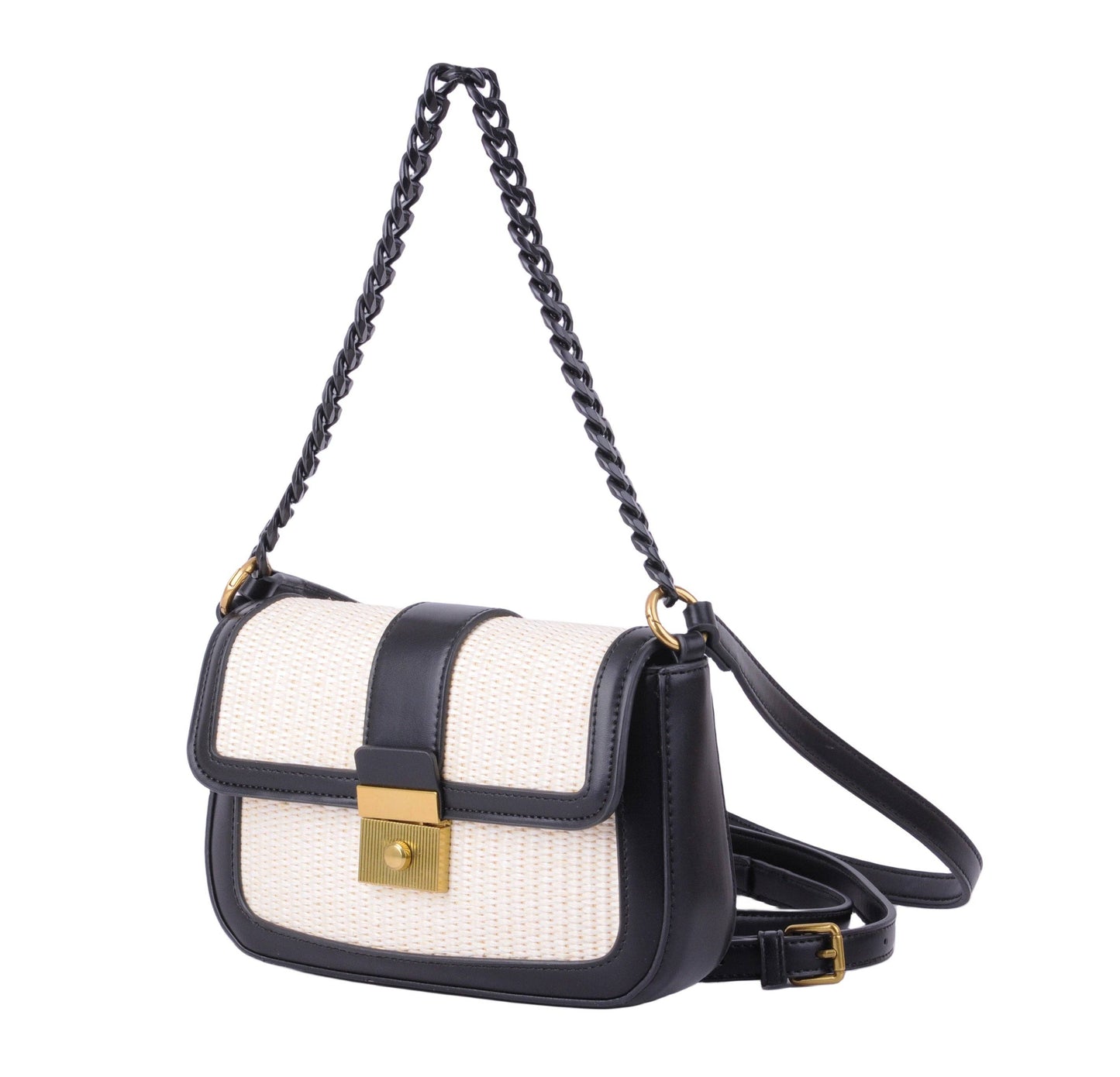 Raffia Crossbody Bag with PU Trims and Chain