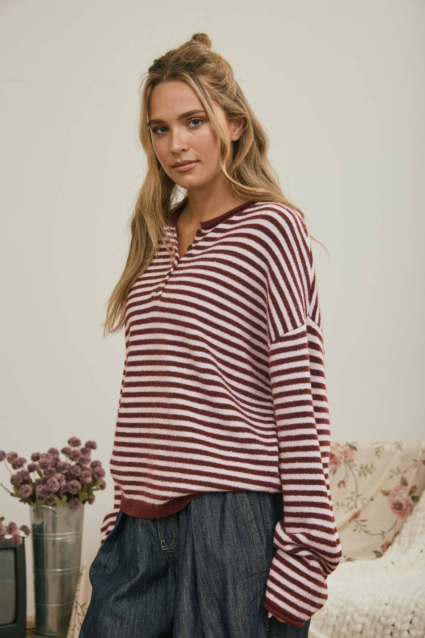 BUTTON HENLEY STRIPE LONG SLEEVE DROP SHOULDER SWEATER
