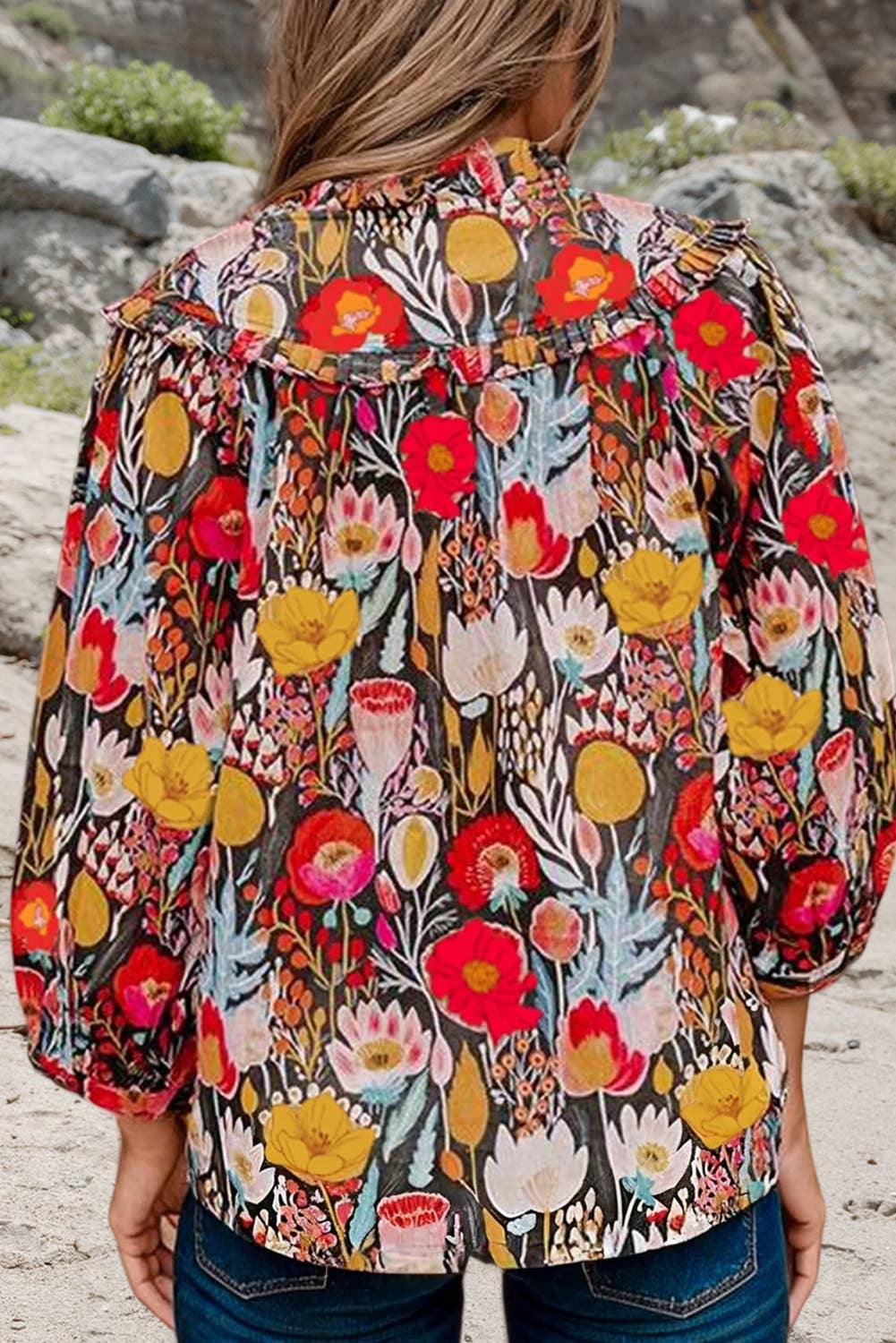 Floral 3/4 Puff Sleeve Tie Neck Blouse | S-XL