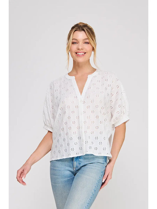 Knit Eyelet Split Mandarin Neck Blouse