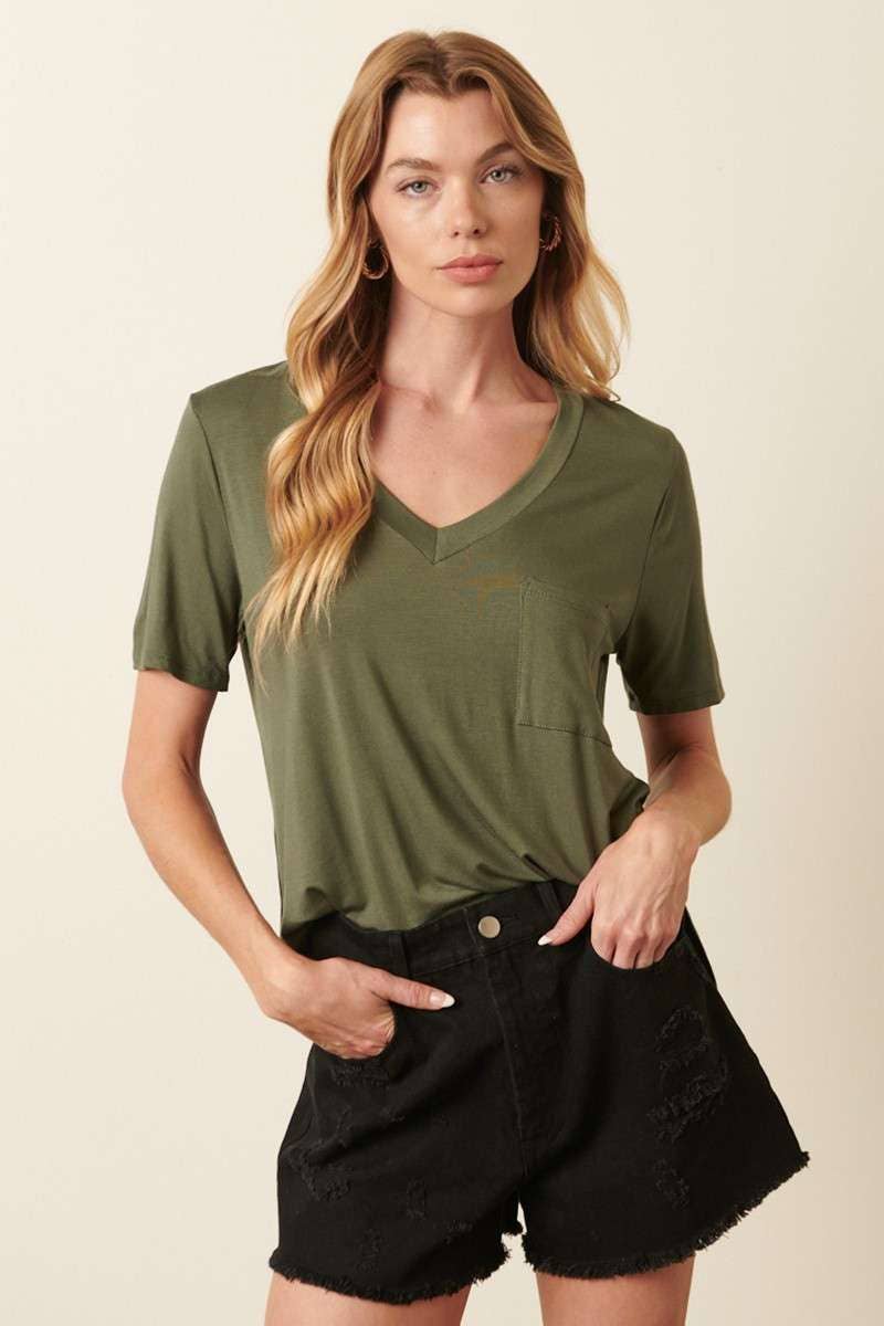 BAMBOO V-NECK 1POCKET FRONT KNIT TOP