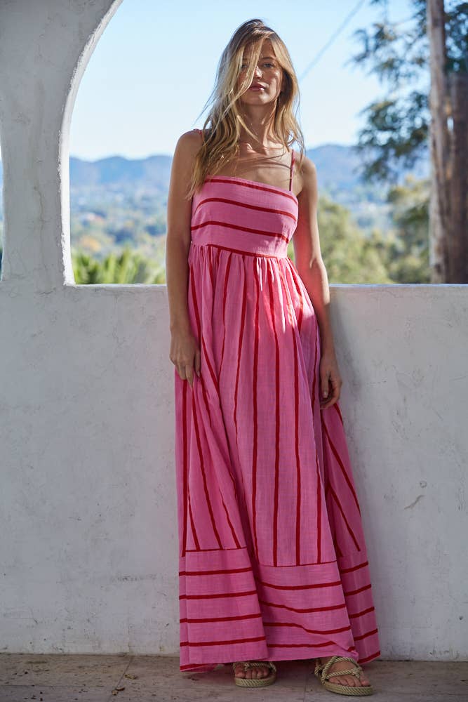 Woven Cotton Striped Square Flare Midi Dress