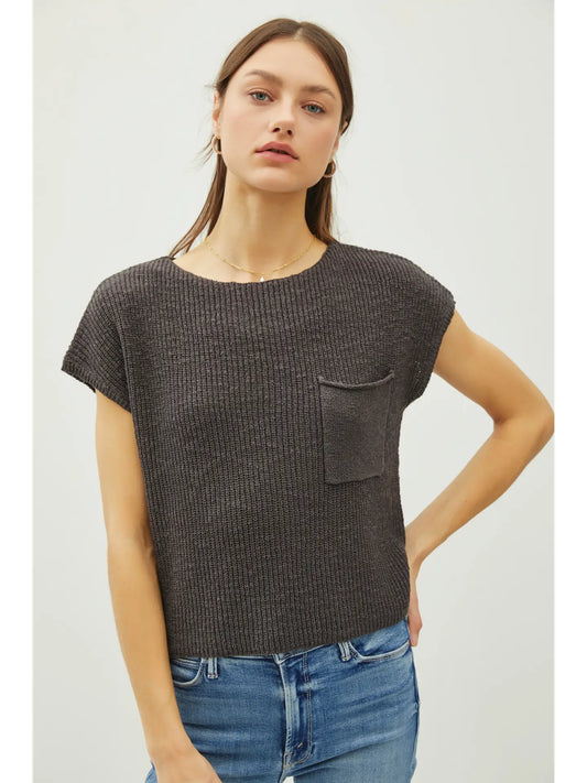Patch Pocket Dolman Cap Sleeve Knit Top