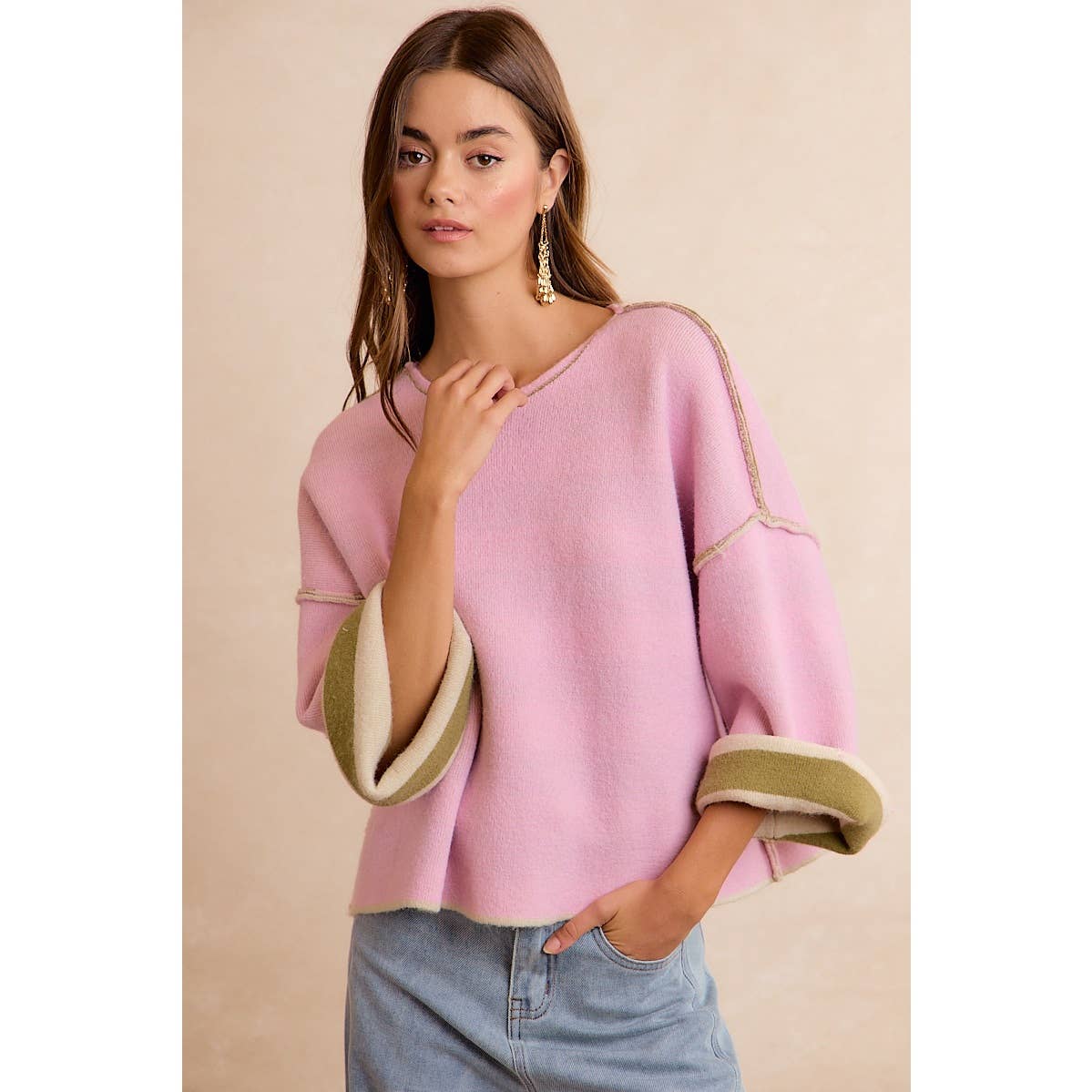 STRIPE CONTRAST BINDING AND REVERSIBLE SWEATER