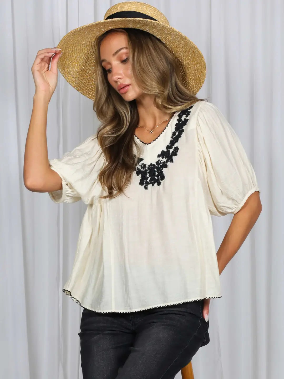 Floral Embroidered Accent Blouse