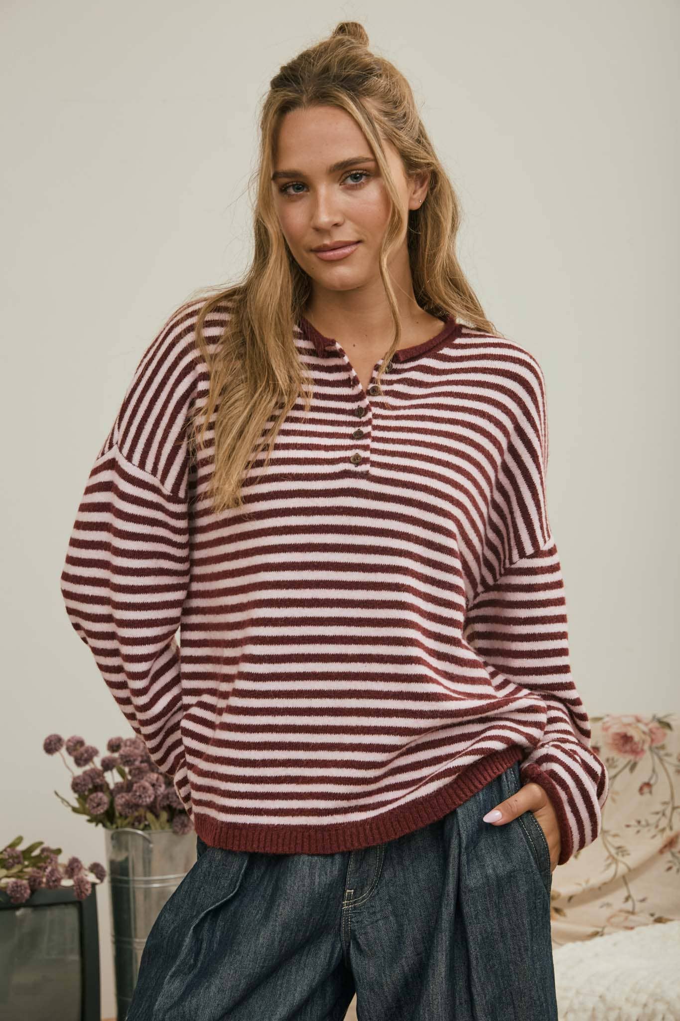 BUTTON HENLEY STRIPE LONG SLEEVE DROP SHOULDER SWEATER