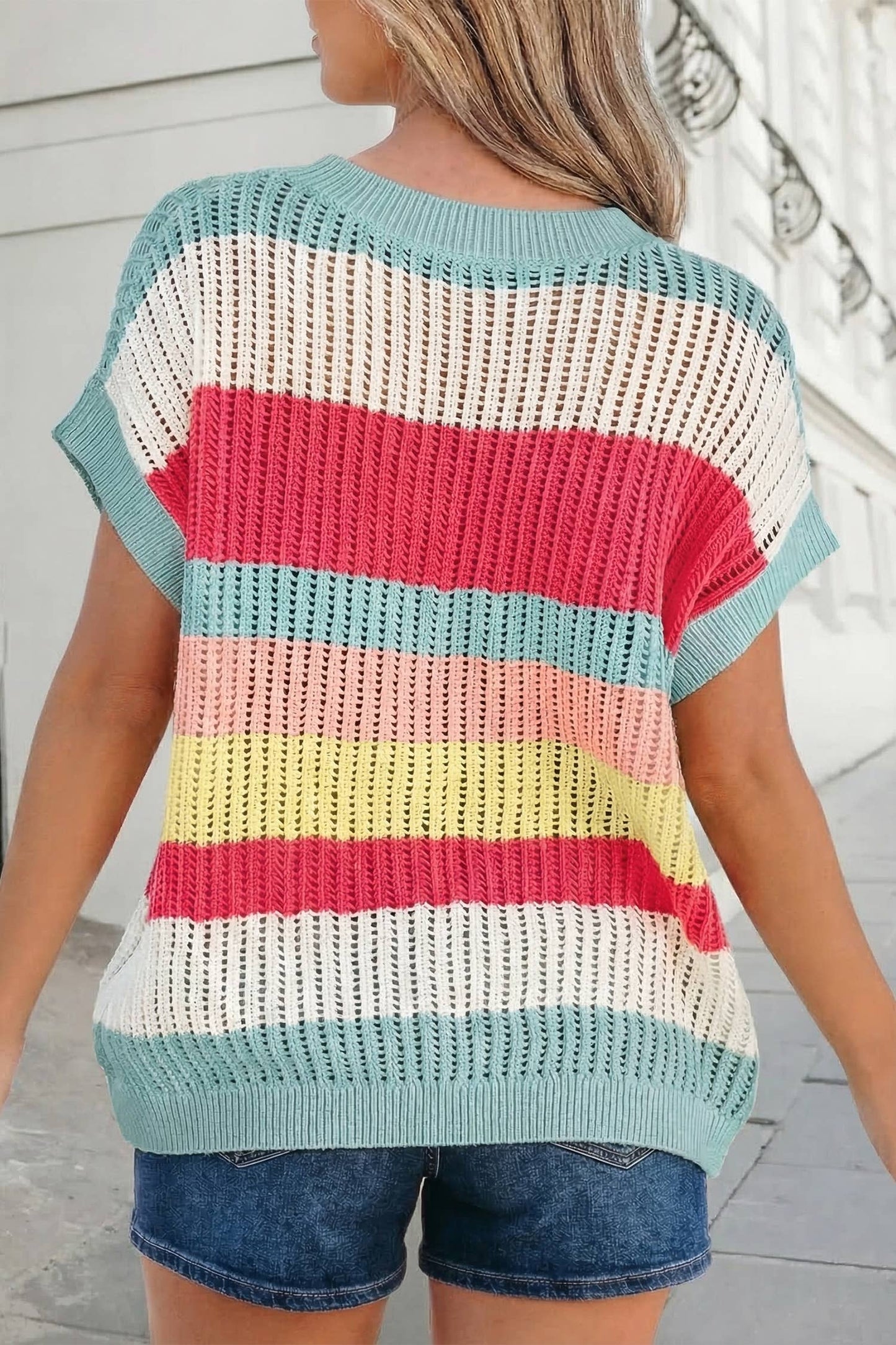Colorblock Hollow Out Knit Short Sleeve Sweater