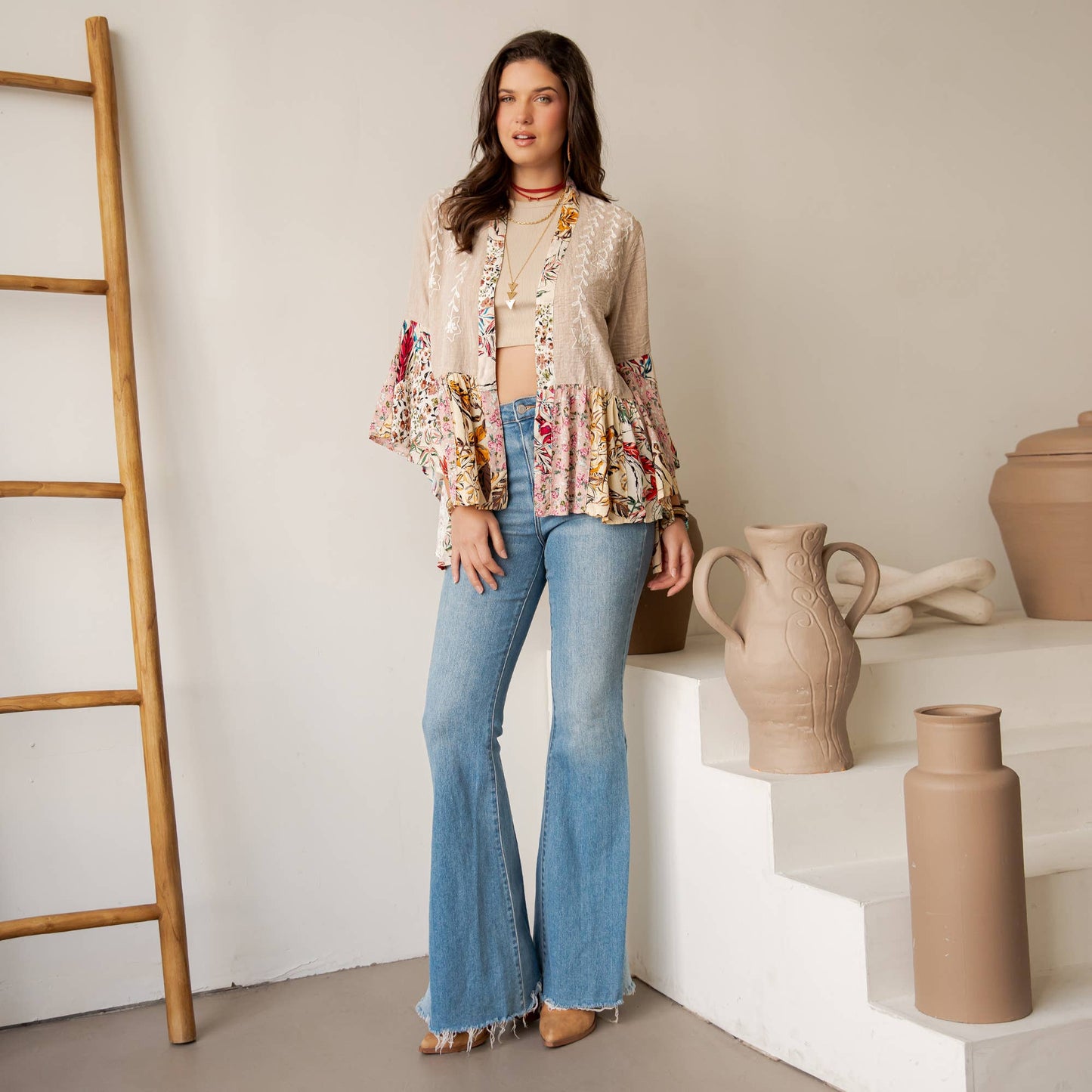 Boho Floral Embroidered Open Front Lace Trim Cardigan