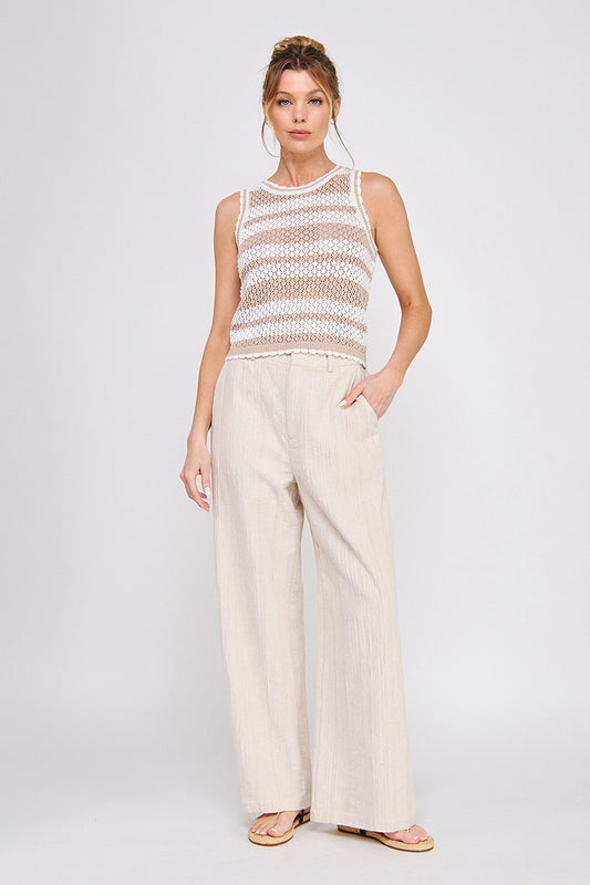 Textured Cotton Blend Wide Leg Trousers