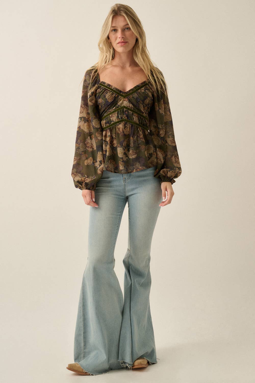 Floral-Print Velvet-Trim Babydoll Peasant Top