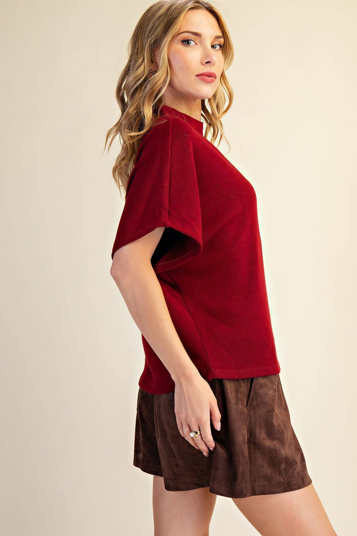 Mock Neck Short Sleeve Pullover Knit Top