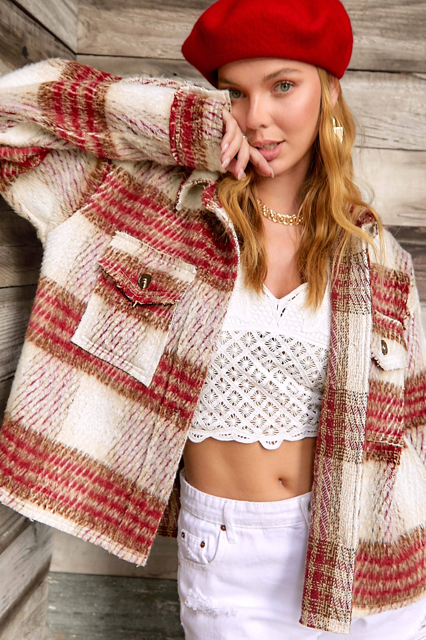 Plaid Patterned Soft Brushed Button Down Jacket