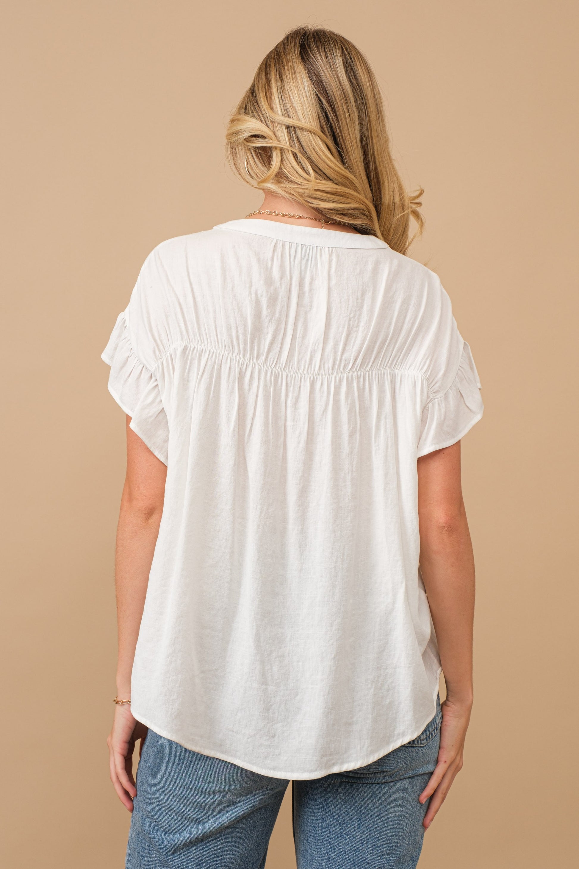 Woven Button Down Ruffle Sleeve Top Cozy Co.