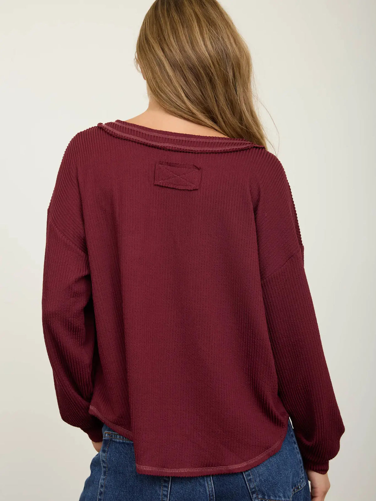 Raw Edge V-Neck Long Sleeve Top