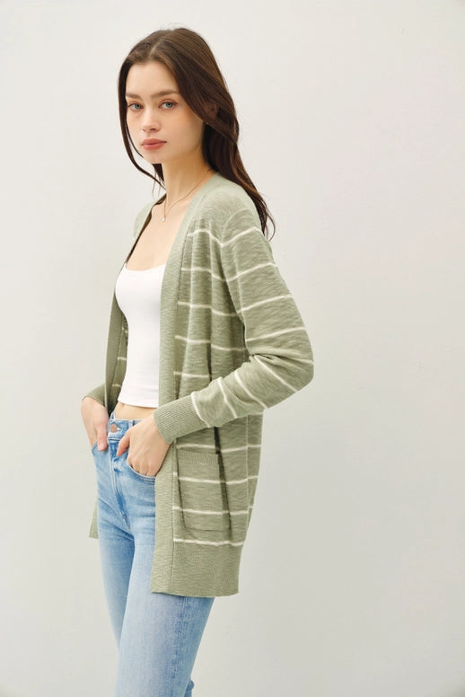 Stripped Classic Cotton Slub Cardigan with Pockets
