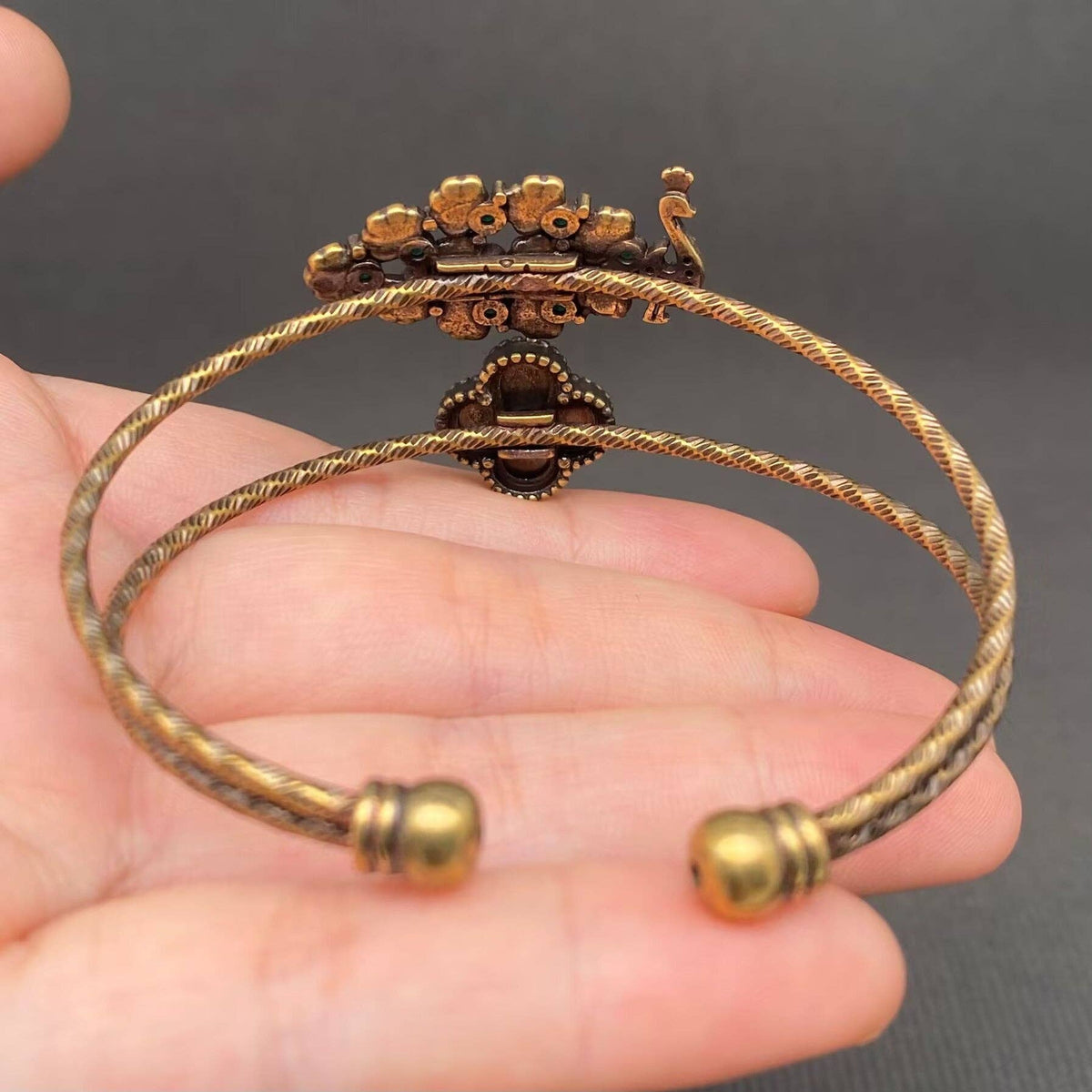 Vintage Bronze Brass Peacock & Clover Bangle