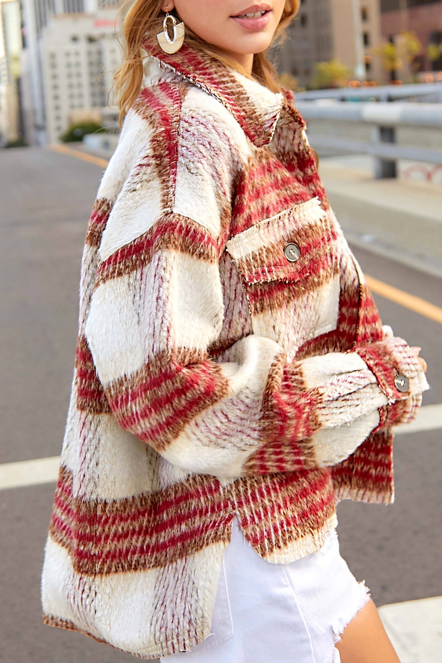 Plaid Patterned Soft Brushed Button Down Jacket