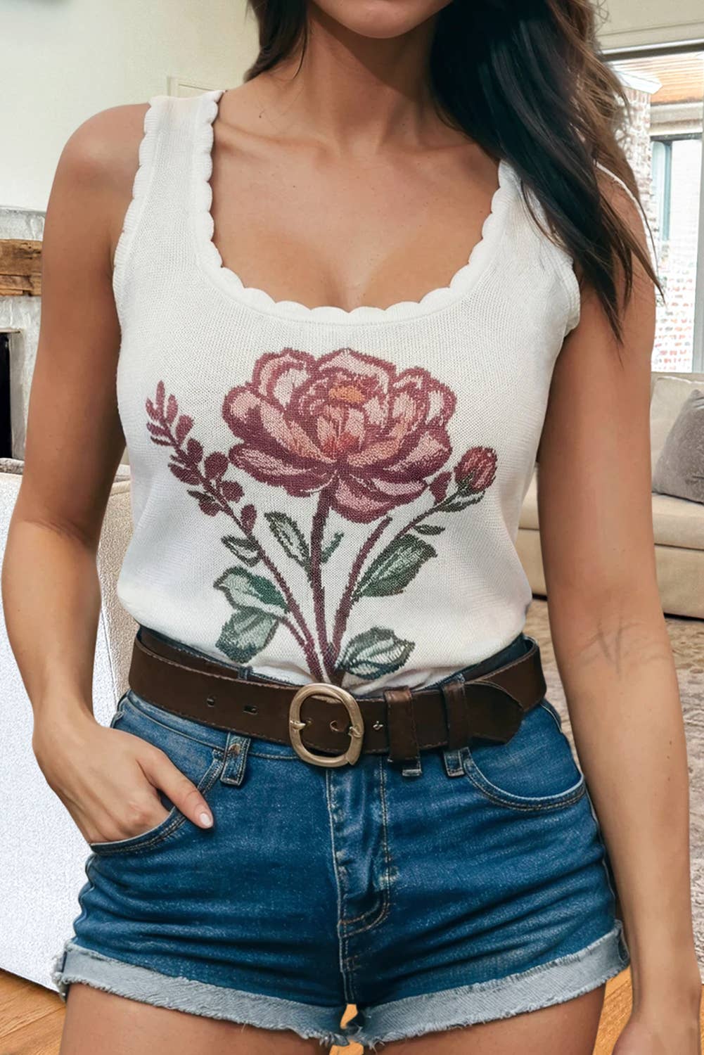 Western Floral Square Neck Knit Tank Top